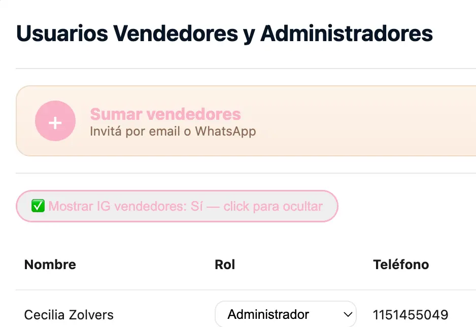 Switch "Mostrar IG vendedores" en el panel de Usuarios Vendedores y Administradores