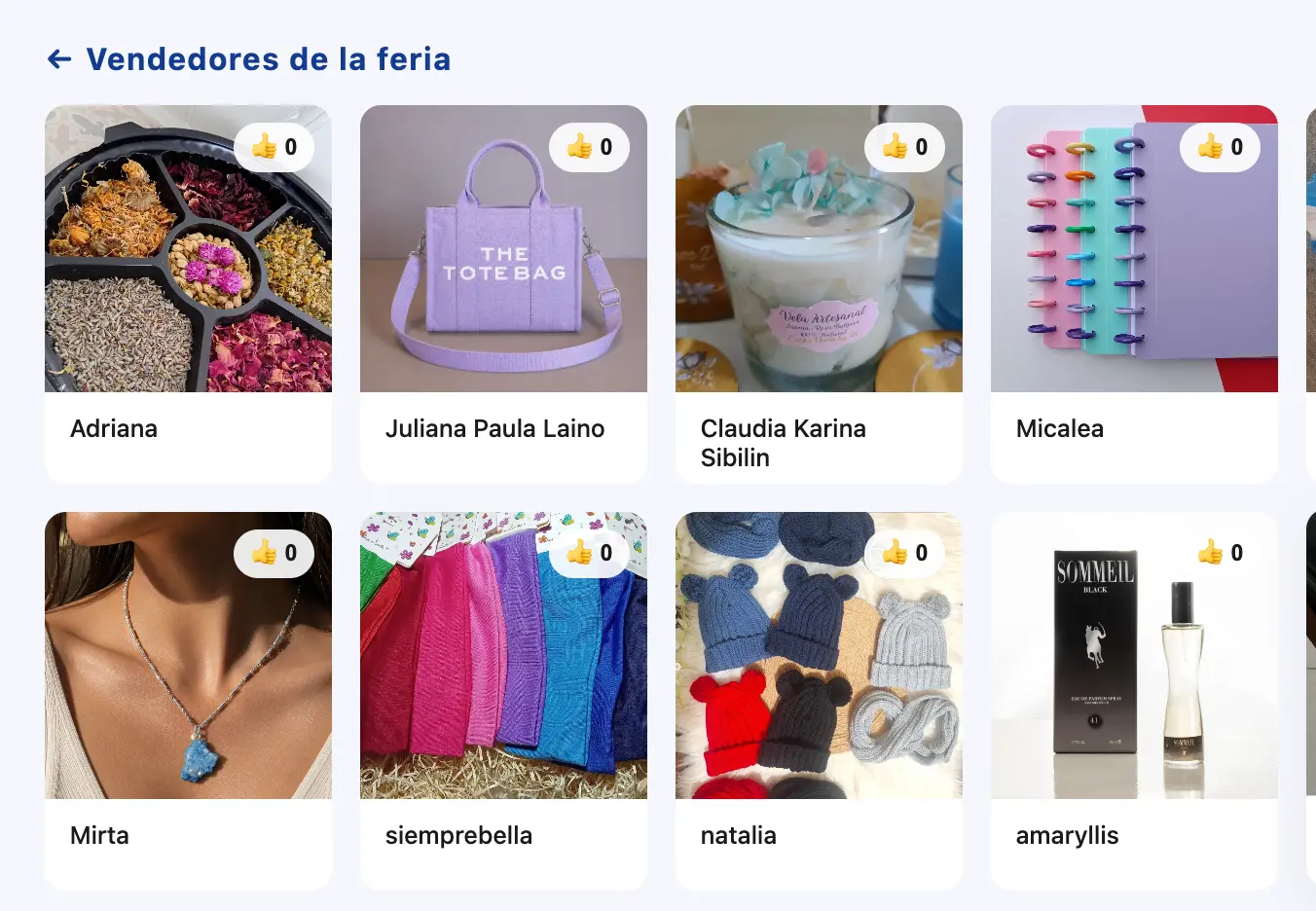 Grilla de vendedores de la feria mostrando la cantidad de likes de cada uno